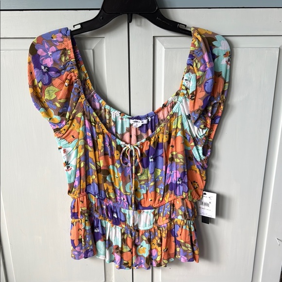 O'Neill Purple and Orange Puff Sleeve Baby Doll Blouse Floral Print Size L NWT - Picture 2 of 5